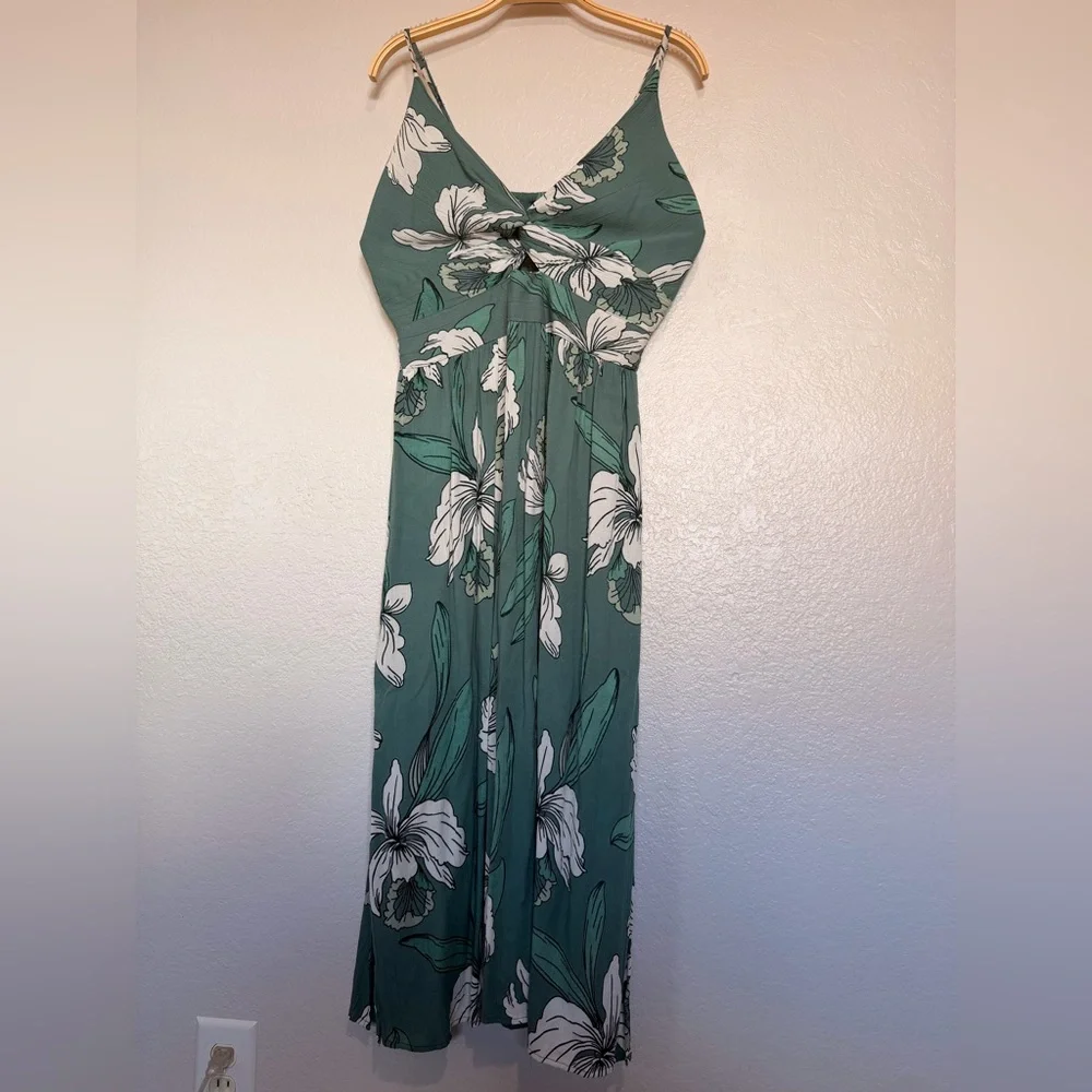 Angie Green Floral Midi Dress Cut Out Center Tropical Print Womens Large - Picture 2 of 6
